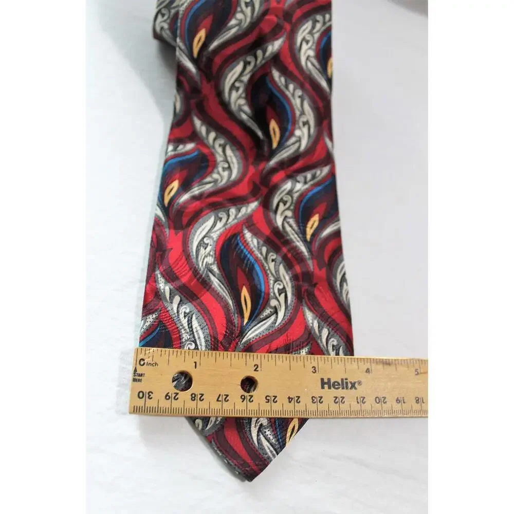 Vintage STUART HUGHES Silk Necktie, Maroon-Peacock Blue-Gold-White, 3.75 X 58